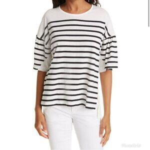 La ligne New York puff sleeve nautical stripe hi low shirt xl coastal preppy